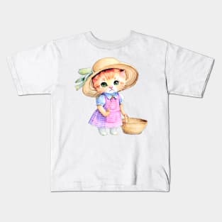 Cute kitten in pink gingham dress and straw hat children’s illustration I Kids T-Shirt